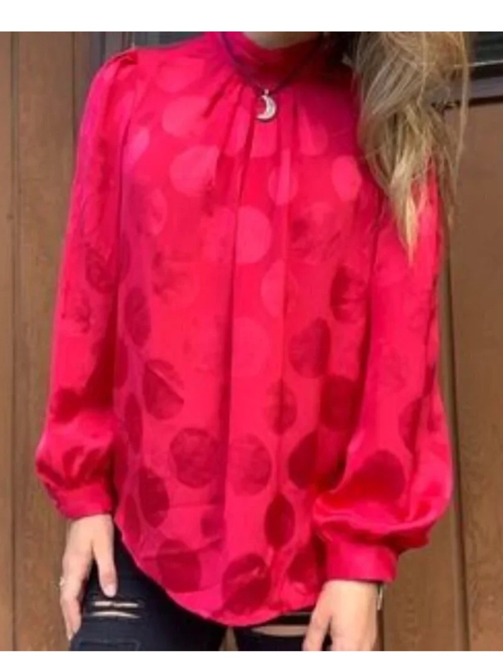 Who What Wear Long Sleeve Polka Dot High Neck Blouse Red M